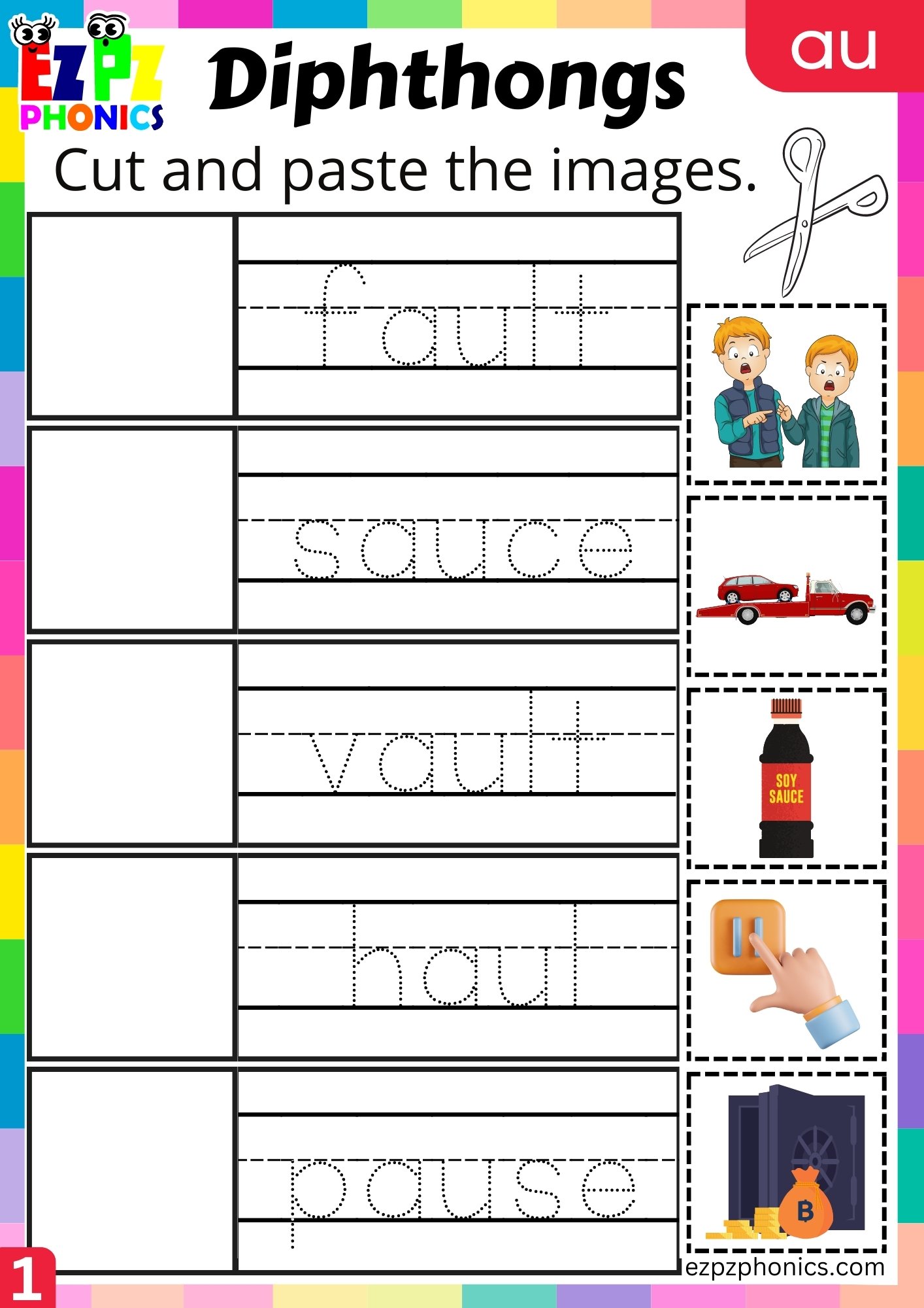 au Diphthong Cut and Paste the Images Worksheet PDF Download